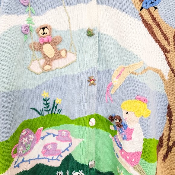 Vintage Storybook Knits Kids Playing Toys Trees Cardigan Sweater Medium - Picture 4 of 9